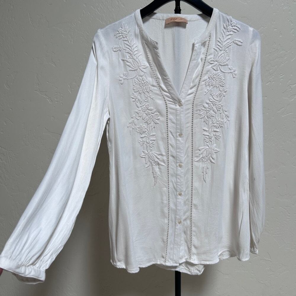 White Embroidered Peasant Blouse Boho Cottagecore Romantic Long Sleeve Top M